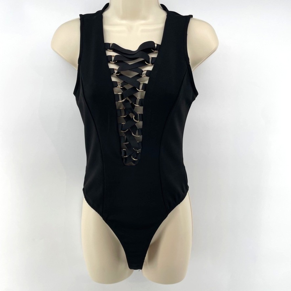 Forever 21 Bodysuit S Black Sleeveless Ribbon Lace Up‎ Baddie Alt Gothic Punk